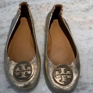 Tory Burch Gold Leather Logo Ballet Flats